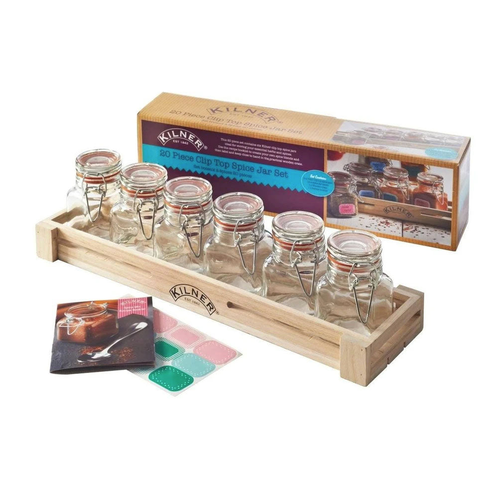 Set 6 Frascos Kilner Especias 70 ml + Caja Madera